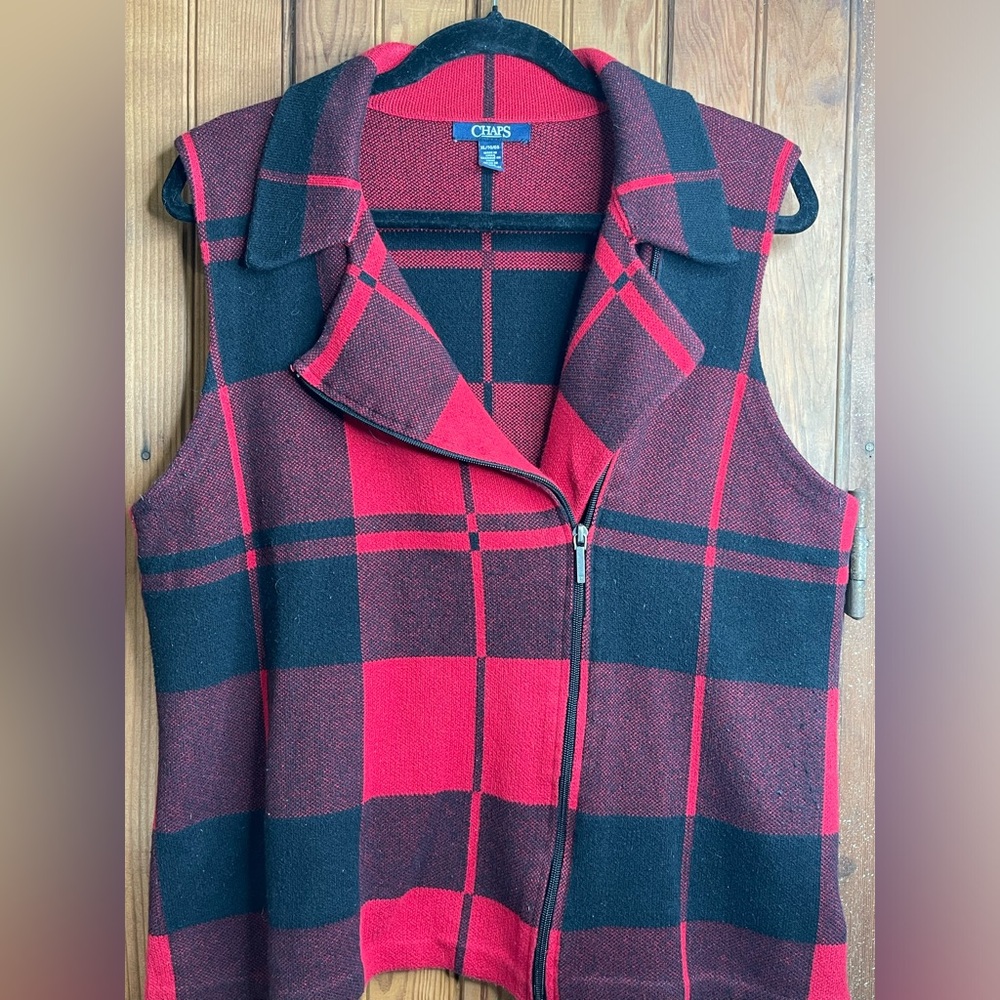 Chaps Vest Womens XL Button Red and Black Cotton Blend Asymmetrical Zip